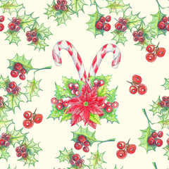 Hand drawn watercolor  seamless pattern, Christmas arrowhead plant, red holly berries. Xmas decorate.
