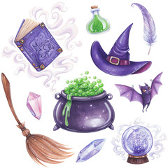 Fototapeta premium Halloween hand-drawn illustration. Witch magic attributes set.