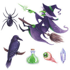 Halloween hand-drawn illustration. Evil Witch magic attributes set.