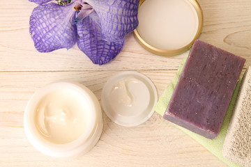 Still life with cream jar, soap and pumice