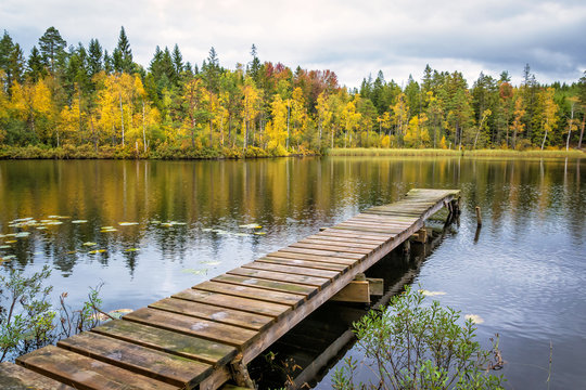 Old lake bridge in autumn scenery