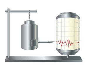 Vector illustration of seismograph or seismometer. Instrument that measure motion of the ground, seismic waves generated by earthquakes, volcanic eruptions. Isolated recording device. 