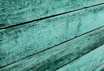 texture of the old painted green boards with perspective
