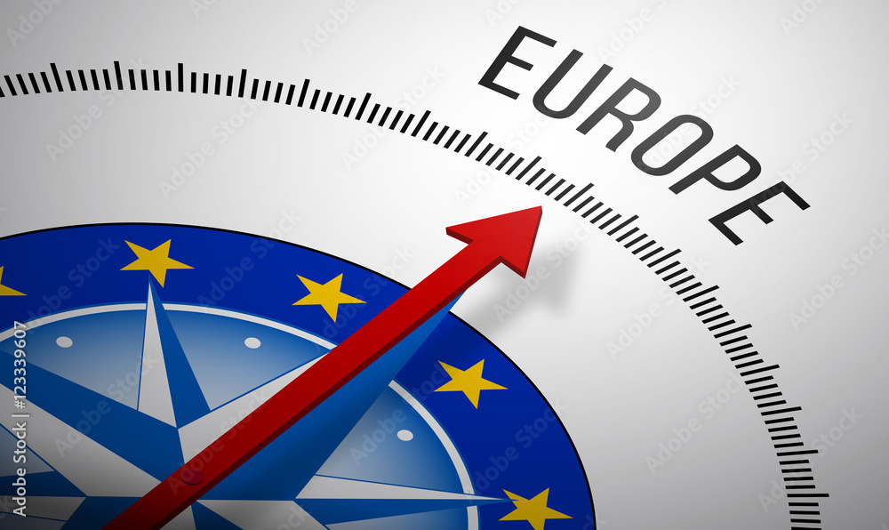 Poster 3d rendering of a compass with a europe icon.