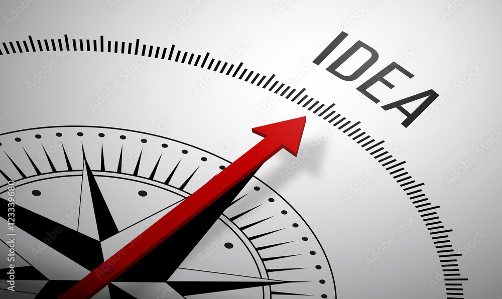 Poster 3d rendering of a compass with a idea icon.