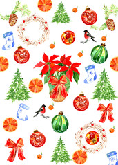 Акварельный рождественский набор. Может использоваться для оформления  рождественский и новогодних открыток, сайтов, обложек, упаковки, декупажа.