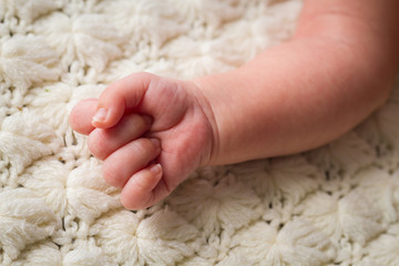 Photo of little newborn baby feet with soft skin and blanket