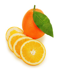 Fresh ripe orange fruits with cut and green leaves isolated on white background.