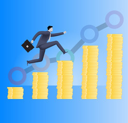 On the way to success business concept. Confident businessman in business suit with case in his hand runs up the piles of gold coins. Concept of success, investment, profitable business.