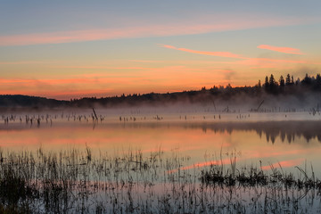 lake sunrise fog peach
