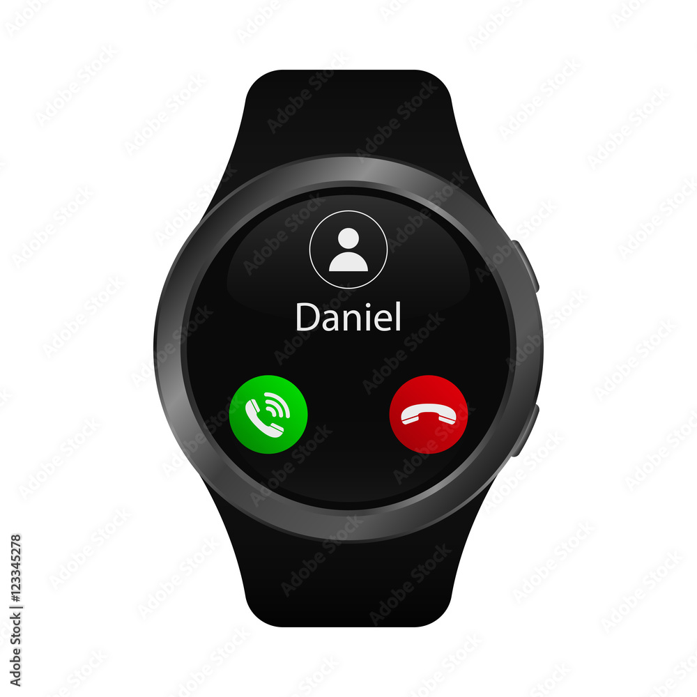 Poster smart watch with incoming call. vector isolated illustration of calling smart watch.