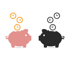 Piggy bank saving time. Vector isolated illustration.