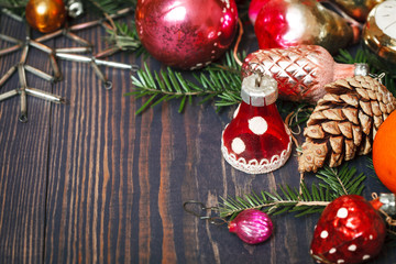 Vintage Christmas ornaments, tree branches and other decorations