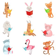 Funny Animal Characters Reading Books Set