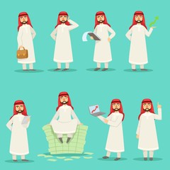 Arab Businessman In Traditional Clothes At Different Work Moments Set