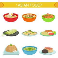 Asian Food Famous Dishes Illustration Set