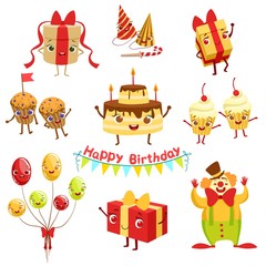 Cute Birthday Party Celebration Related Objects Characters Set