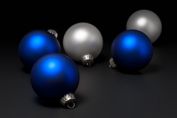 Blue and White Glass Christmas Ball Ornaments on Black