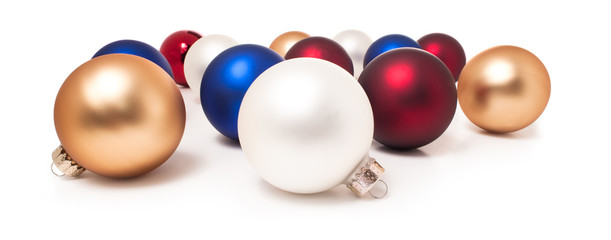 Gold Red White and Blue Glass Christmas tree Ball Ornaments isolated on white background