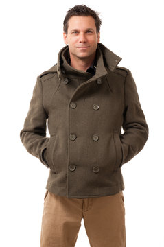 Man In Pea Coat On White