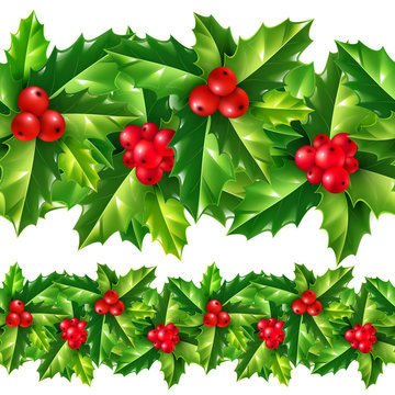 Christmas holly leaves and berries vector seamless garland