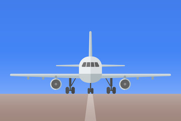 Naklejka premium Airplane with landing gear on runway. Front view. Aircraft flat style vector illustration.