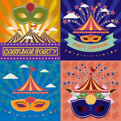 Digital vector mask sets over green and orange background with clouds, rio carnival party, toucan birds and brazilian flag, flat style