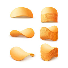 Vector  Set of  Potato Crispy Chips Stacks Close up Isolated on White Background