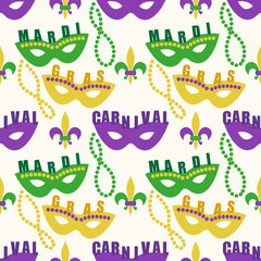 Cute seamless Mardi Gras background with masks and beads in traditional colors © C Design Studio