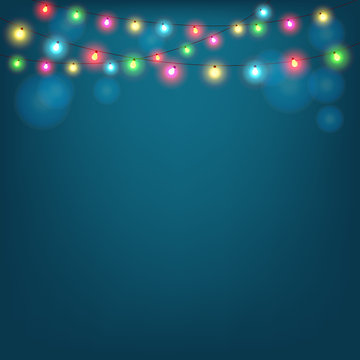 Merry Christmas and Happy New Year vector illustration with copy space. Abstract background with glowing lights