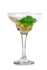 Fruit cocktail in a glass goblet on a white background