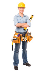 Young Woman Construction Worker on White