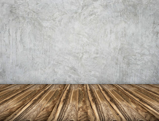 Room perspective,grunge grey concrete wall and wooden plank grou