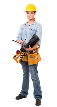 Young Woman Construction Worker with Notebook on White