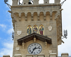 detail of the clock tower of the main square of in San Marino Co