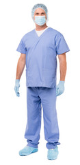 Surgeon in Scrubs and Hair Net isolated on white background