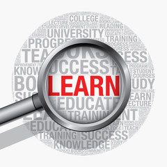 Learn word cloud with magnifying glass vector concept