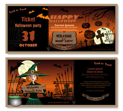 Halloween design. Template flyer invitation for Halloween night party. Cute young witch in a magic hat in the cemetery. Vector illustration