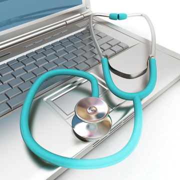 silver laptop diagnosis with stethoscope. 3D illustration