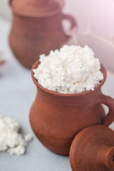 Organic Farming Cottage cheese in a crock