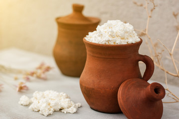 Organic Farming Cottage cheese in a crock