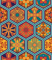 Vector seamless texture. Beautiful patchwork pattern for design and fashion with decorative elements in hexagon