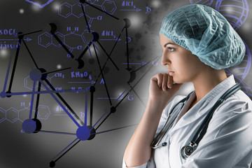 Collage on scientific topics. Young female doctor standing against gray background