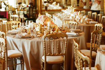 Perfect classy chairs stand at rich dinner tables served with go