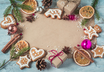 Background gifts, Christmas cookies and fir branches a blue back