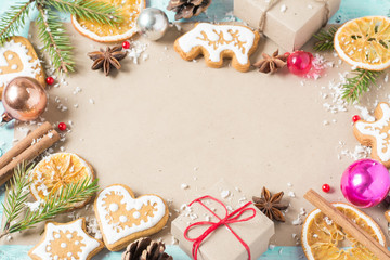 Background gifts, fir branches, cones, Christmas cookies and Chr