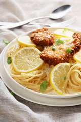 spaghetti with crispy chicken and lemon cream
