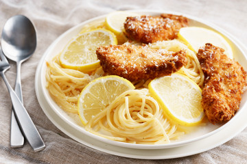 spaghetti with crispy chicken and lemon cream