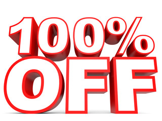 Discount 100 percent off. 3D illustration on white background.