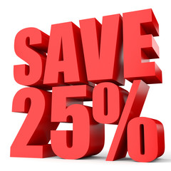 Discount 25 percent off. 3D illustration on white background.